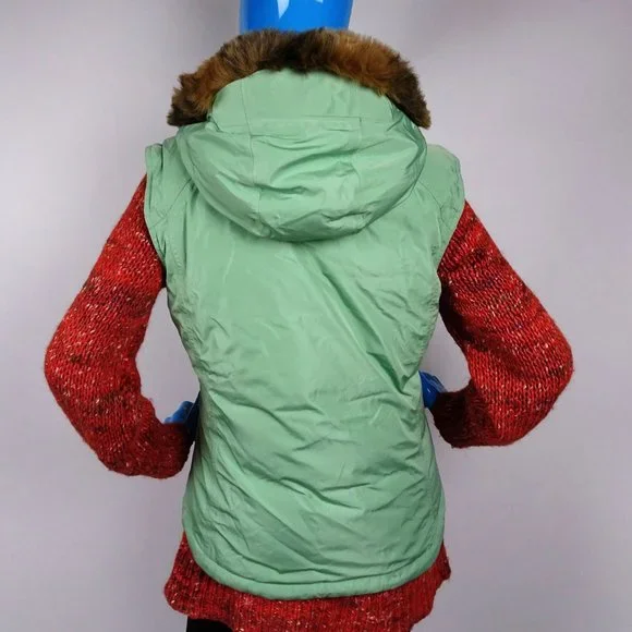Solstice Green Insulated Vest Womens M 8 10 Faux Fur Trim Hooded Waterproof Ski - Picture 7 of 8
